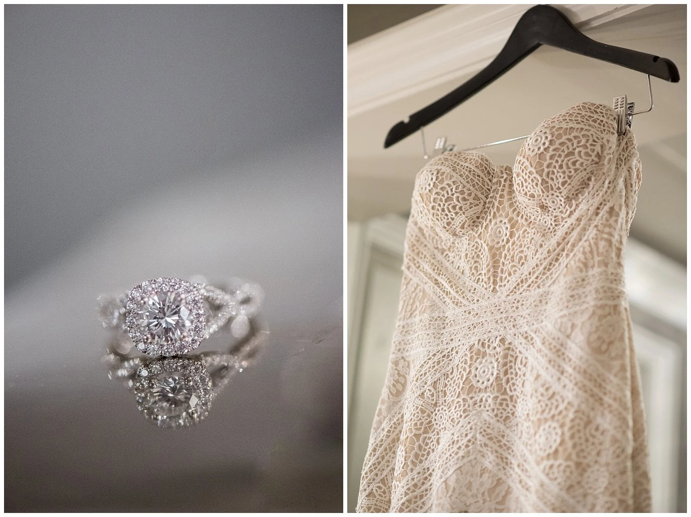 diamond engagement ring and lace wedding dress photo