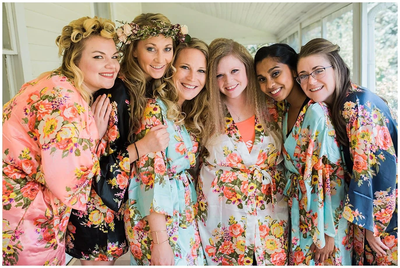 bride and bridesmaids in flower robes photo Denver Botanic Gardens at Chatfield wedding by Denver wedding photographer Jennie Crate photographer