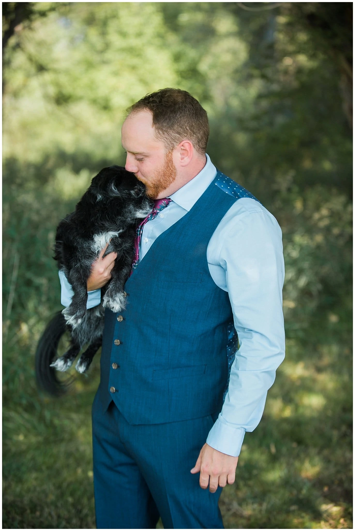 groom and dog at first look at Denver Botanic Gardens at Chatfield wedding by Boulder wedding photographer Jennie Crate photographer