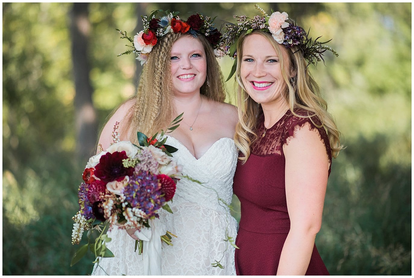bride and bridesmaid in flower crowns at Denver Botanic Gardens at Chatfield wedding by Lyons wedding photographer Jennie Crate photographer