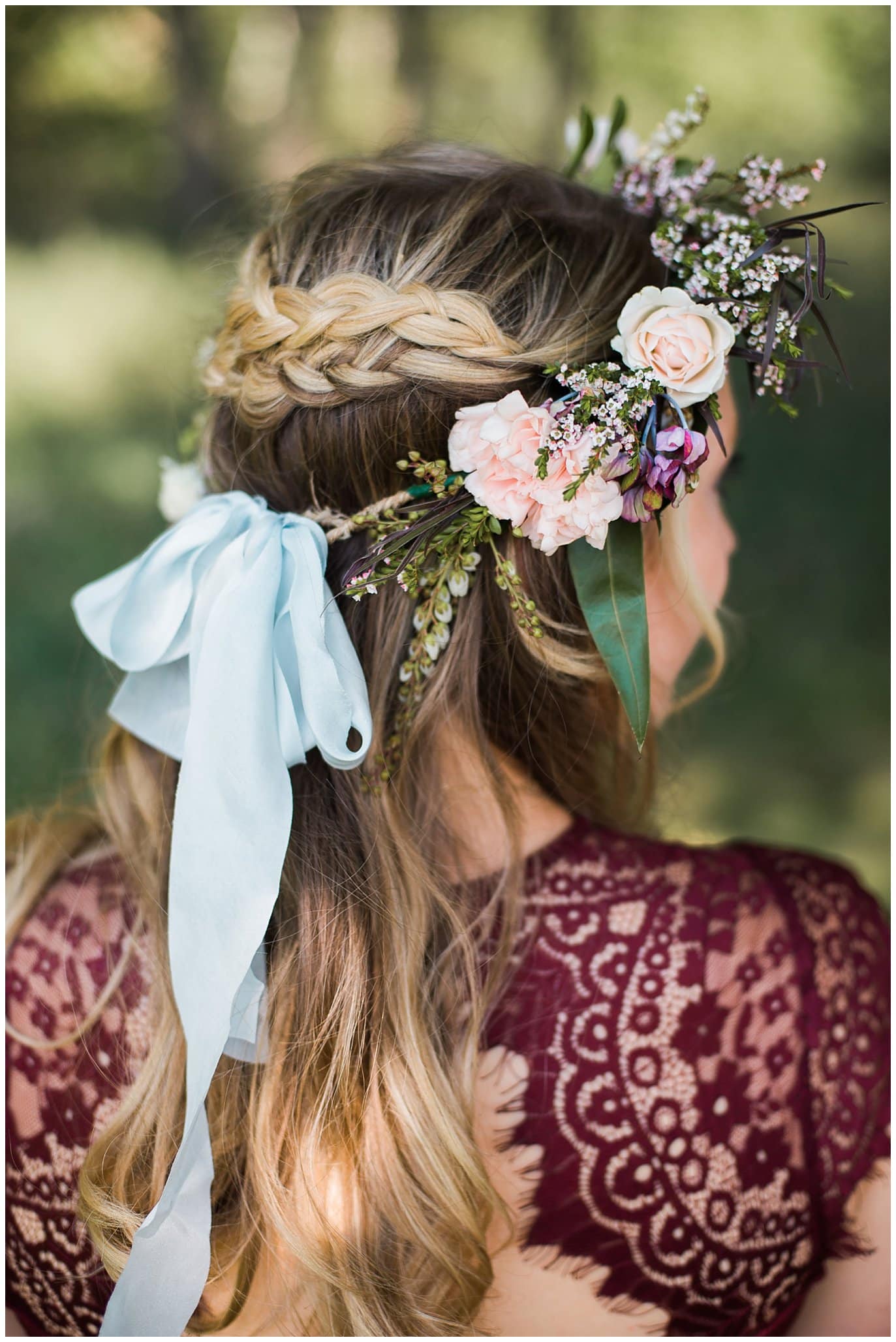 flower crown with braided hair at Denver Botanic Gardens at Chatfield wedding by Lyons wedding photographer Jennie Crate photographer