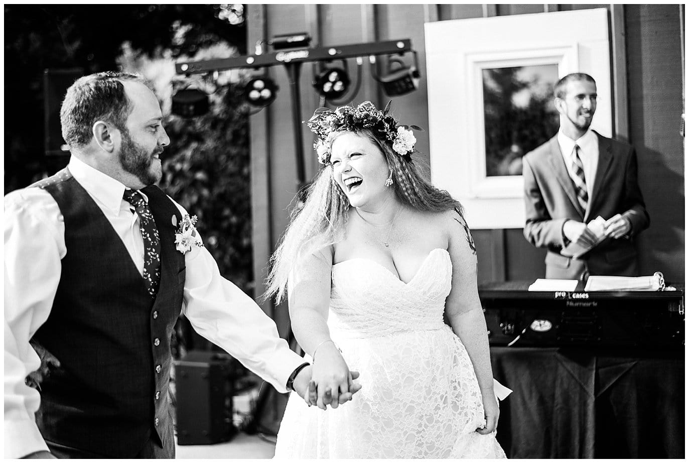 announcement of bride and groom on outdoor patio at Denver Botanic Gardens at Chatfield Summer Wedding by Denver Botanic Gardens wedding photographer Jennie Crate photographer