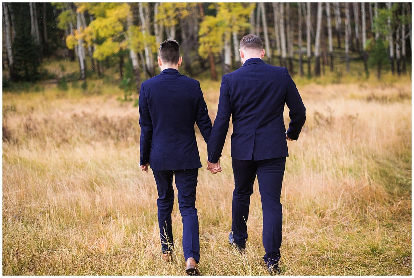 two grooms in navy suits fall colorado wedding photo