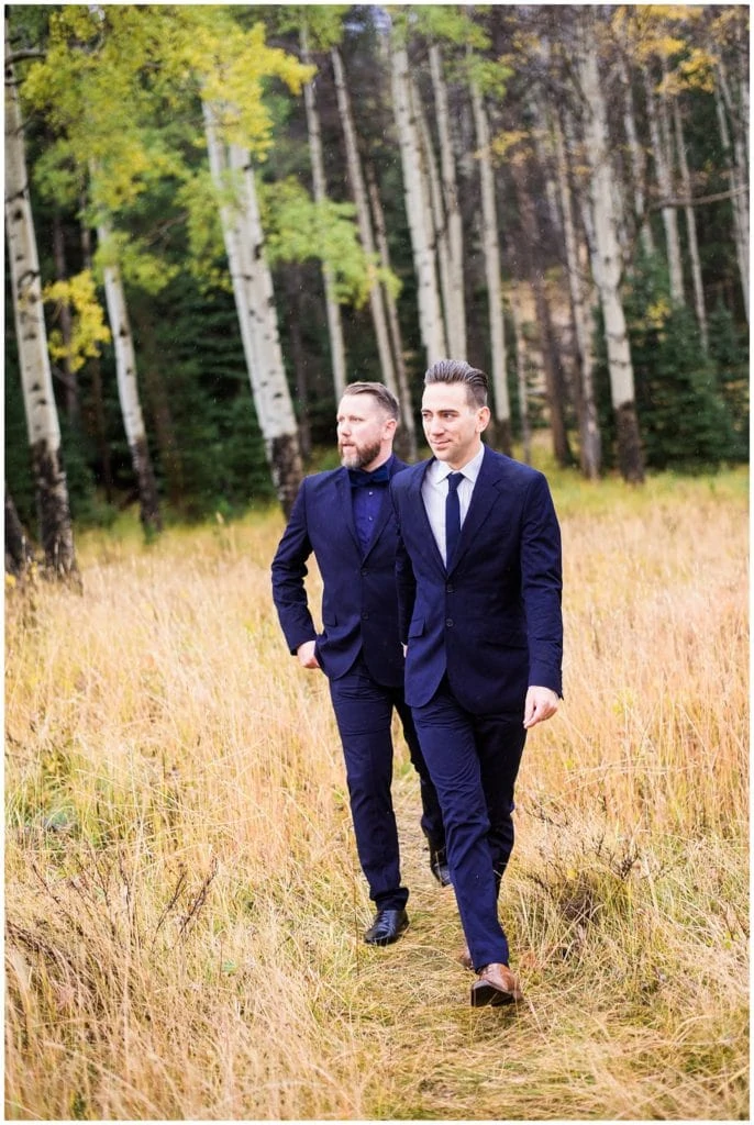 two grooms in navy suits Colorado elopement photo