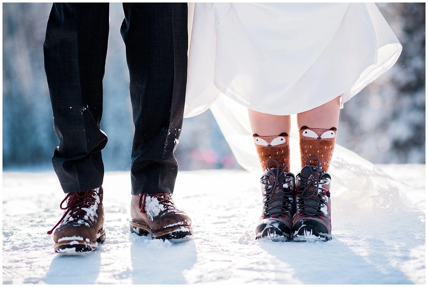 snow boots at winter wedding photo