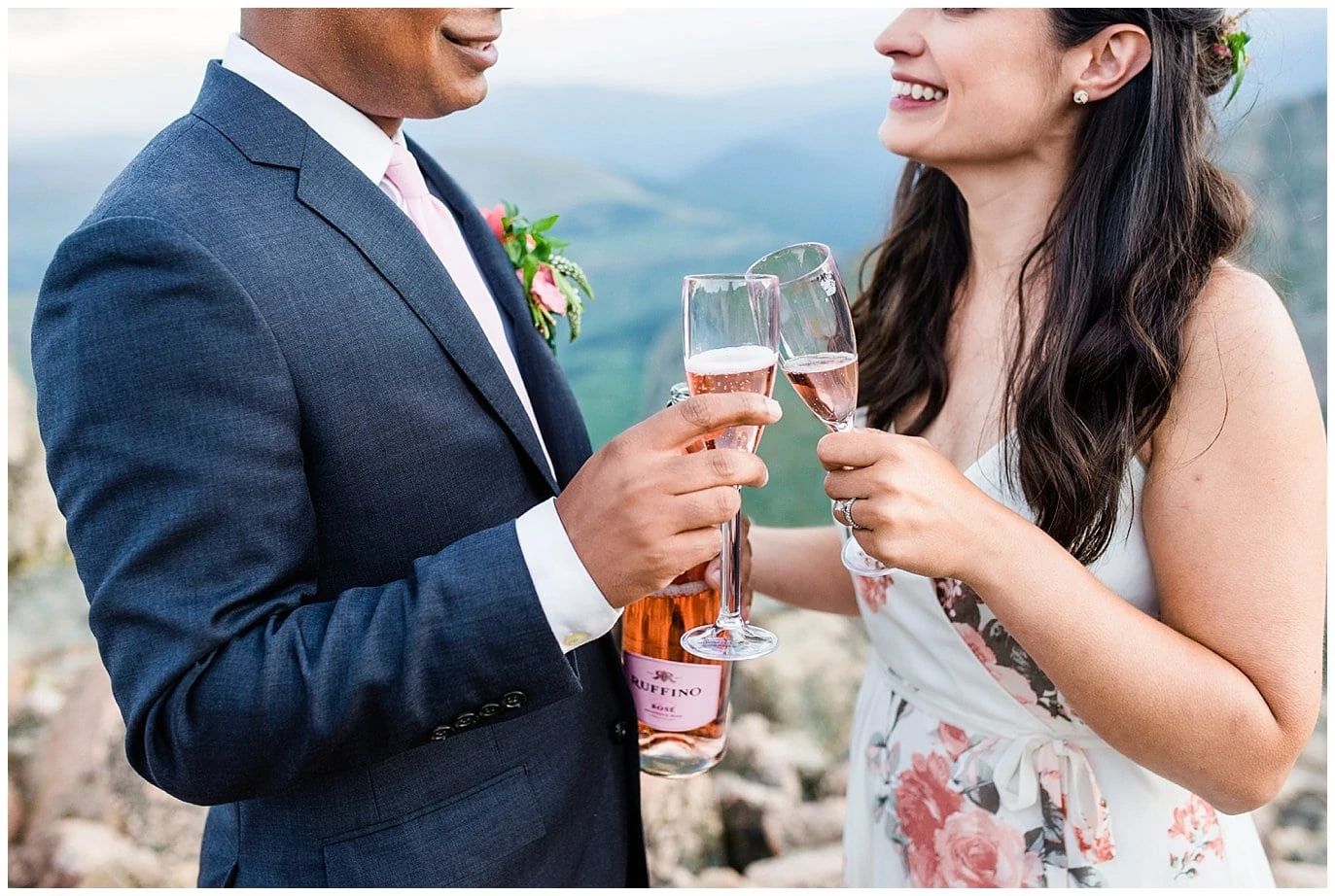 pink champagne toast rocky mountain elopement photo