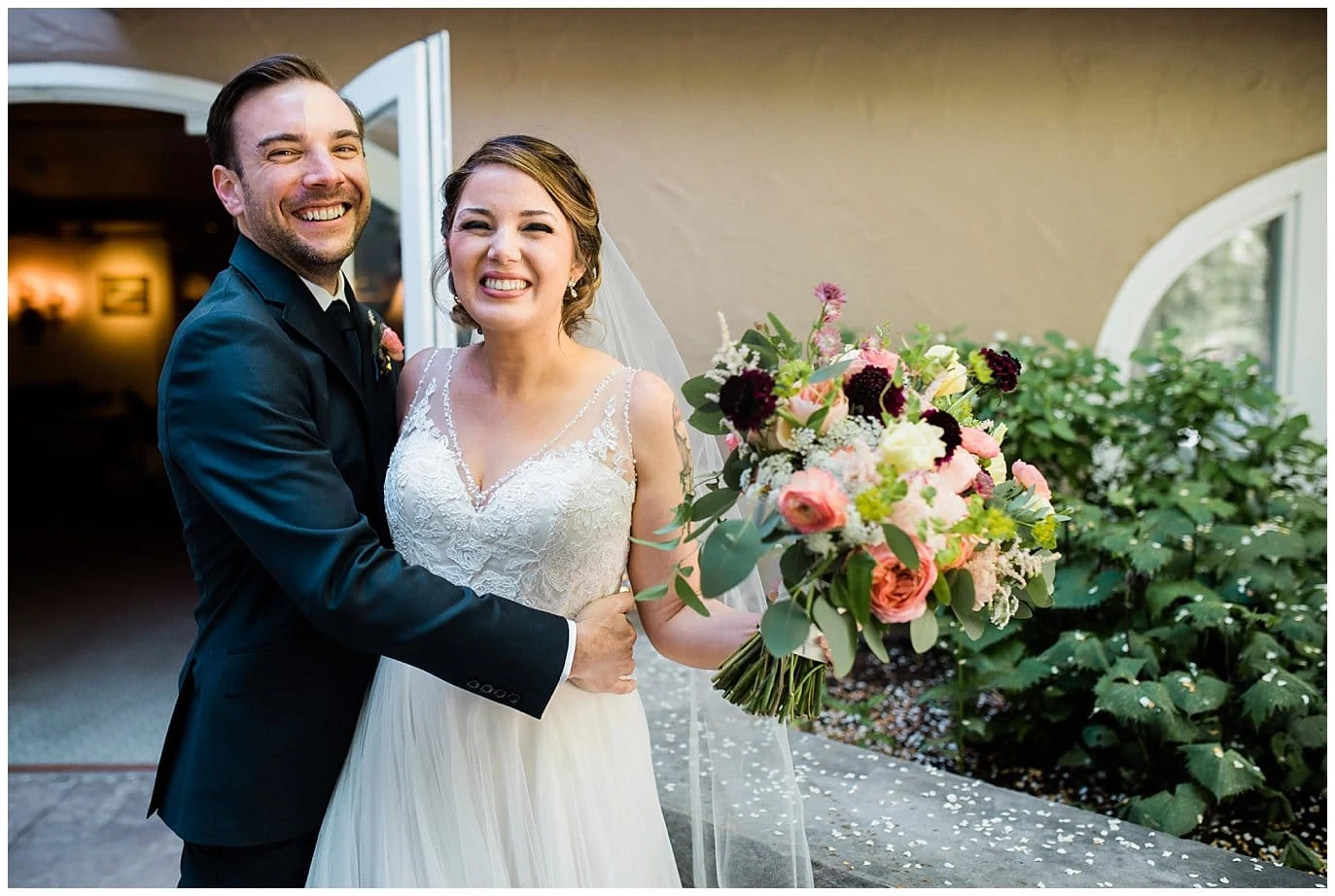 bride and grooom celebrate after vail wedding ceremony at Sonnenalp Hotel Vail Colorado Wedding by RMNP Wedding Photographer Jennie Crate