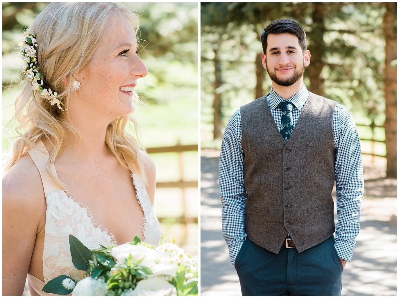 flower bridal hairpiece and groom with flowered tie at Deer Creek Valley Ranch wedding by Deer Creek Valley Ranch Wedding Photographer Jennie Crate Photographer