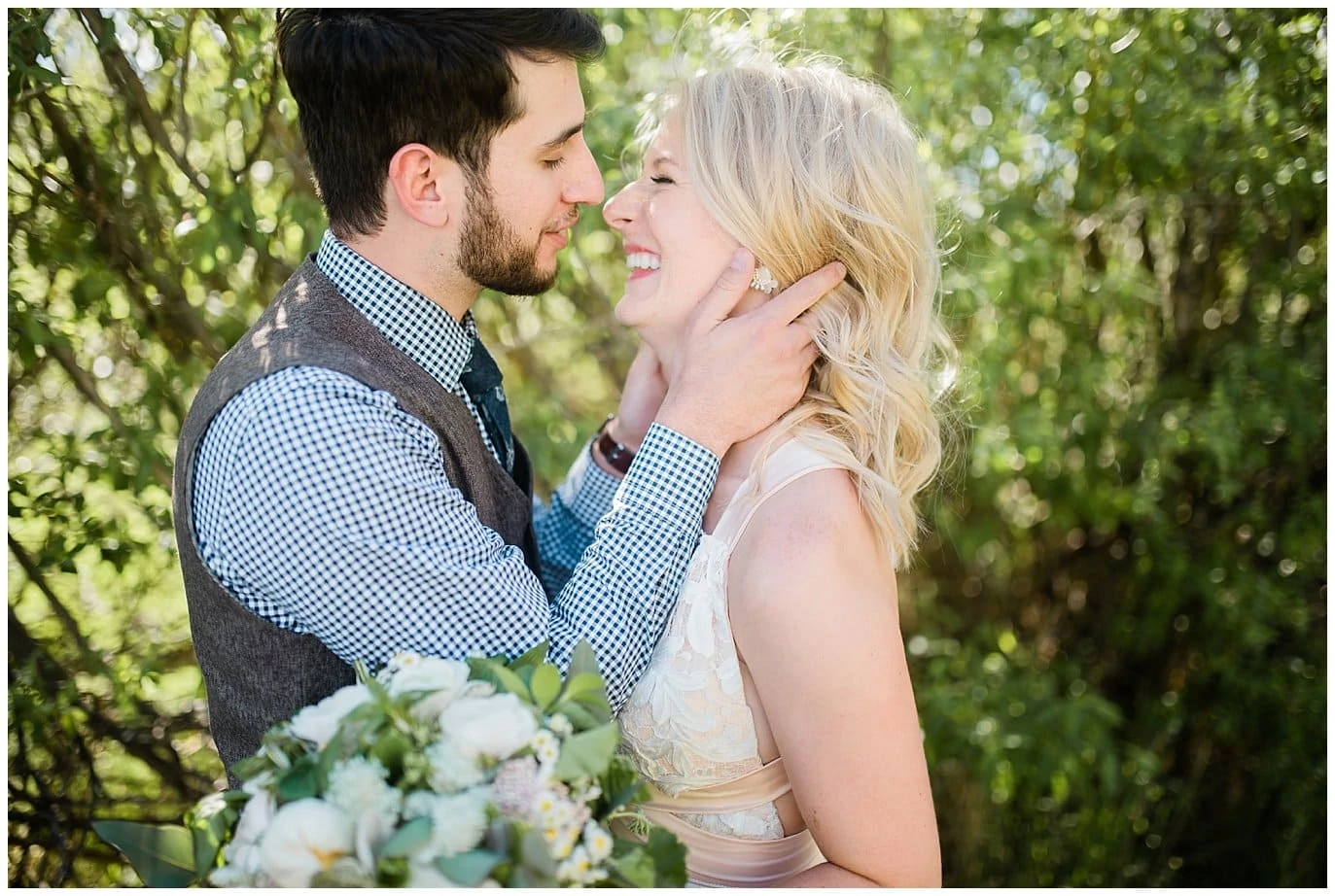 Romantic bride and groom at Deer Creek Valley Ranch wedding by Boulder Wedding Photographer Jennie Crate Photographer