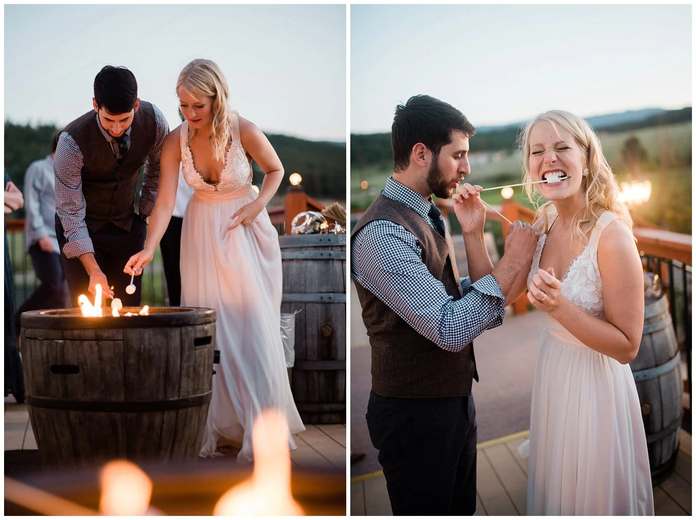bride and groom eating s'mores by firepit at Deer Creek Valley Ranch wedding by Colorado Wedding Photographer Jennie Crate Photographer