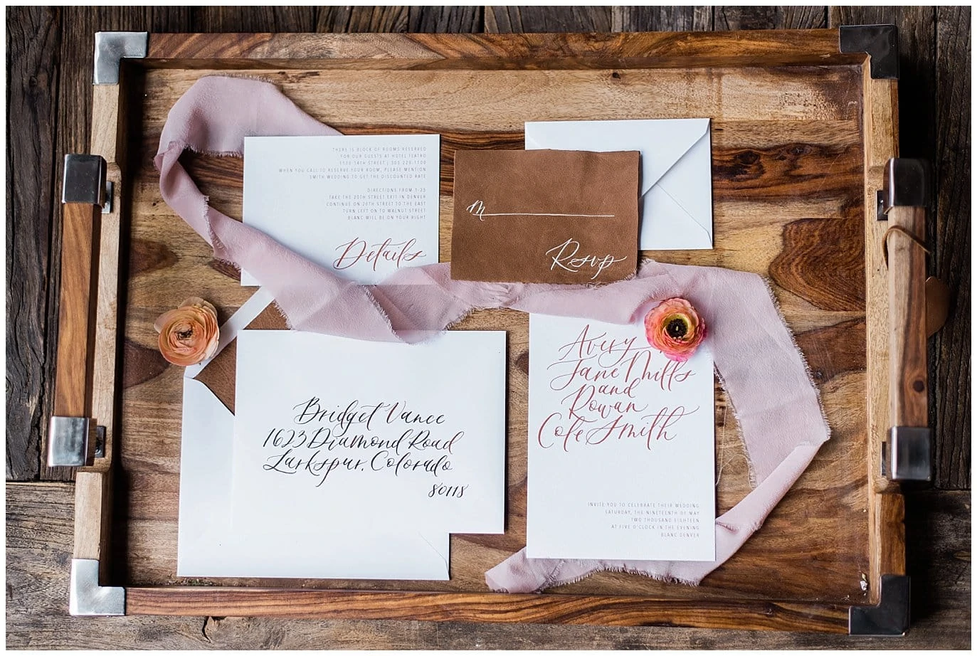 hand calligraphy invitation on leather at summer blanc wedding by blanc wedding photographer Jennie Crate photographer