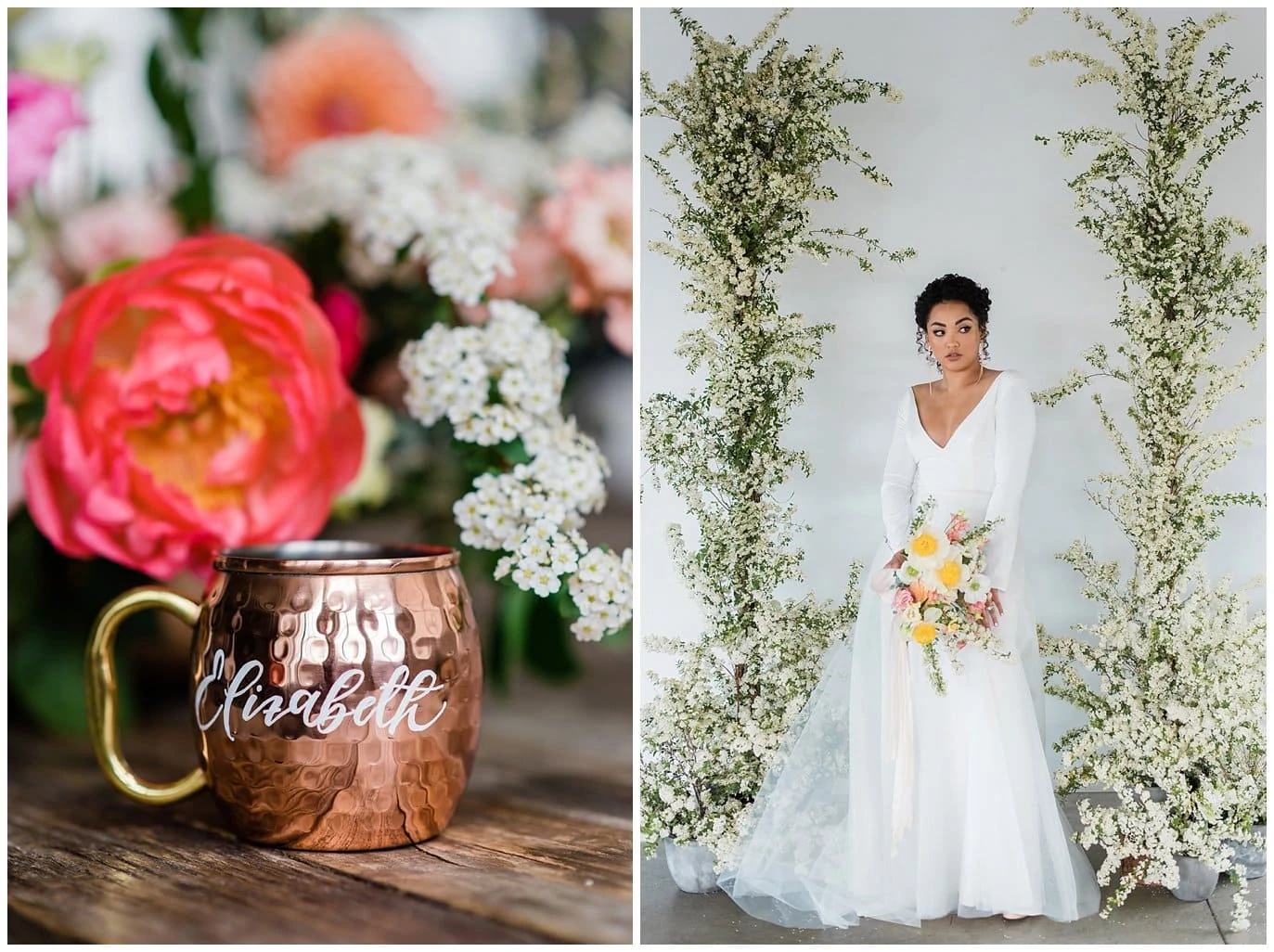 painted copper mug and single flower alter inspiration at summer blanc wedding by blanc wedding photographer Jennie Crate photographer