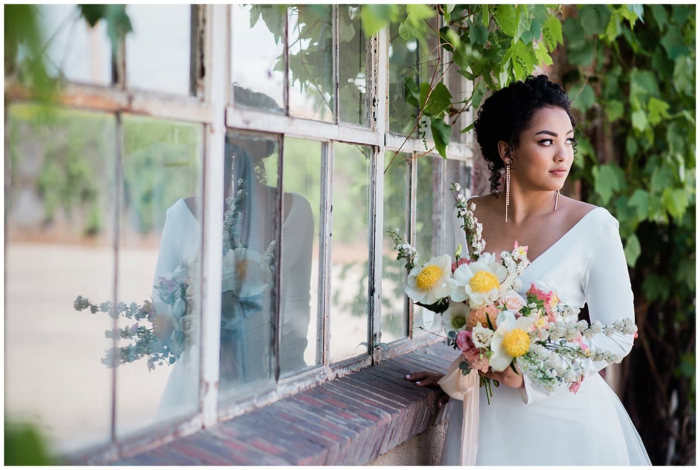 exclusive blue bridal wedding dress on bride on outdoor patio at summer blanc wedding by blanc wedding photographer Jennie Crate photographer