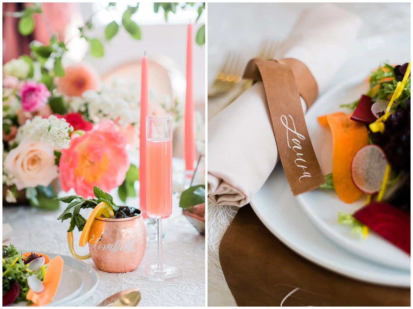 leather napkin rings and copper mugs wedding inspiration at summer blanc wedding by Denver wedding photographer Jennie Crate photographer
