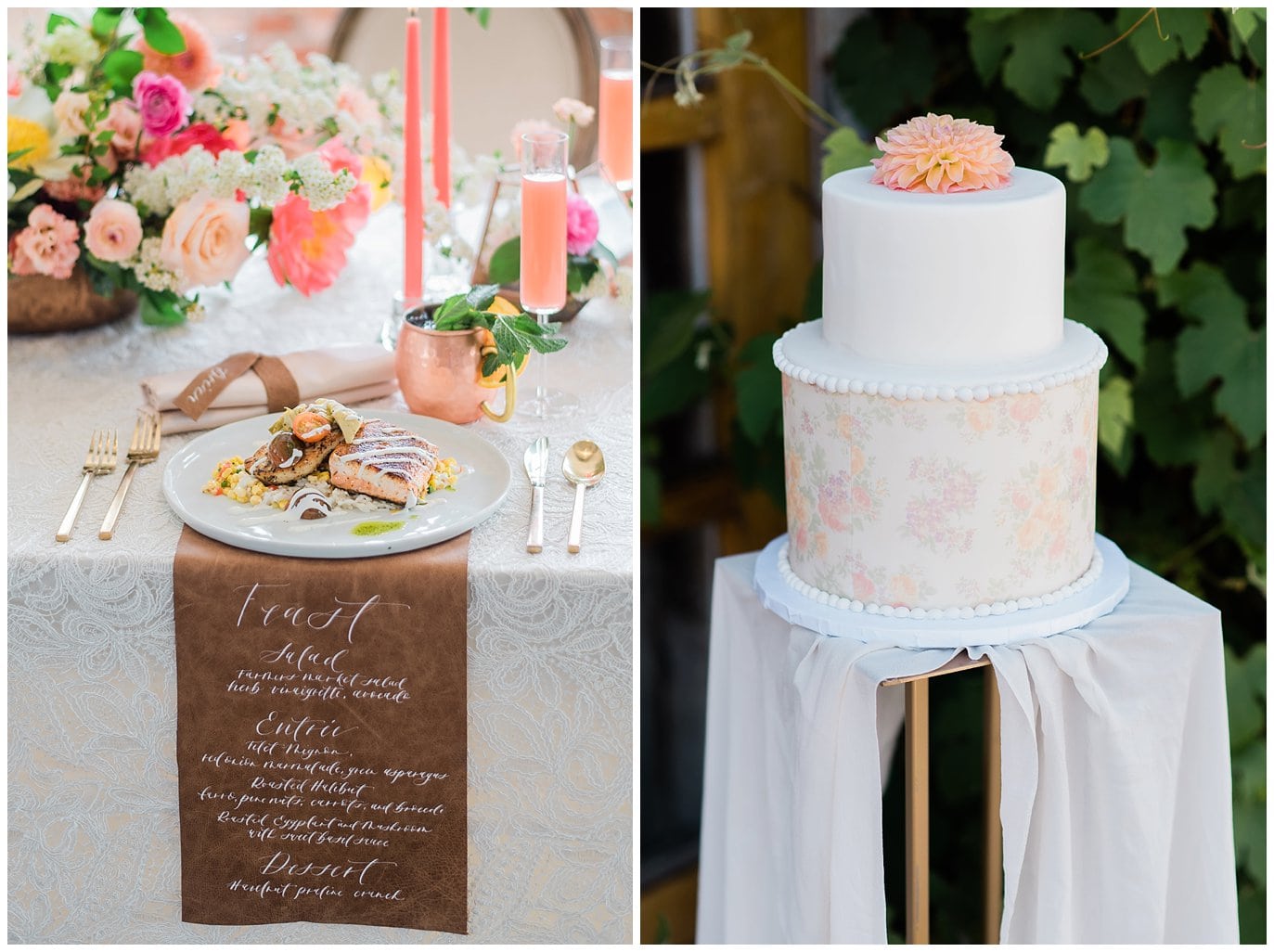 custom watercolor wedding cake and leather menu place settings at summer blanc wedding by Boulder wedding photographer Jennie Crate photographer