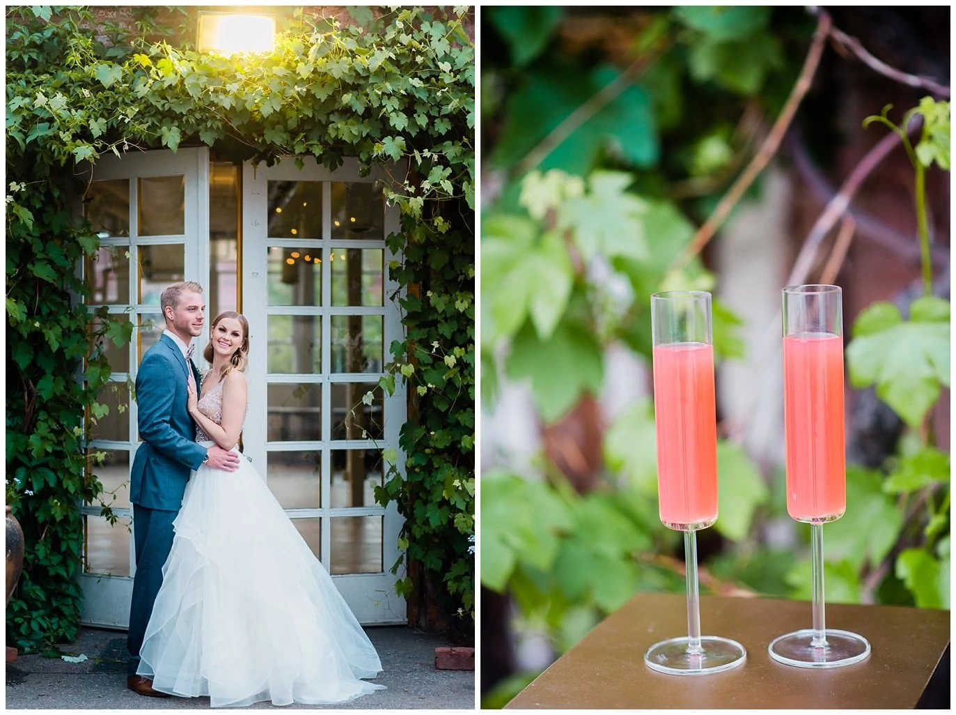bride and groom on outdoor patio in summer at summer blanc wedding by blanc wedding photographer Jennie Crate photographer