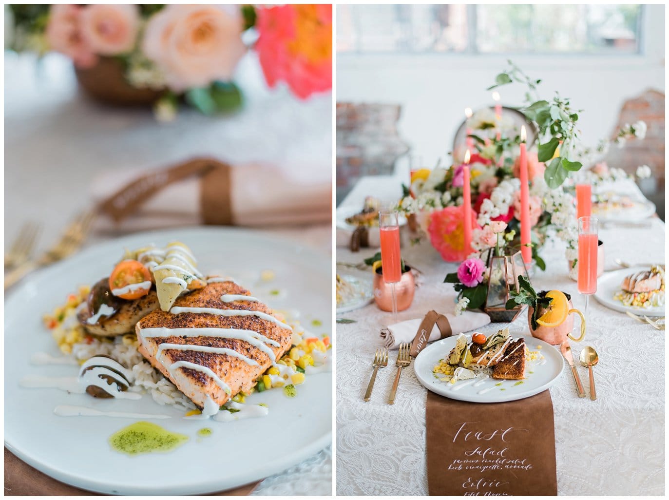elegant salmon wedding meal at summer blanc wedding by blanc wedding photographer Jennie Crate photographer