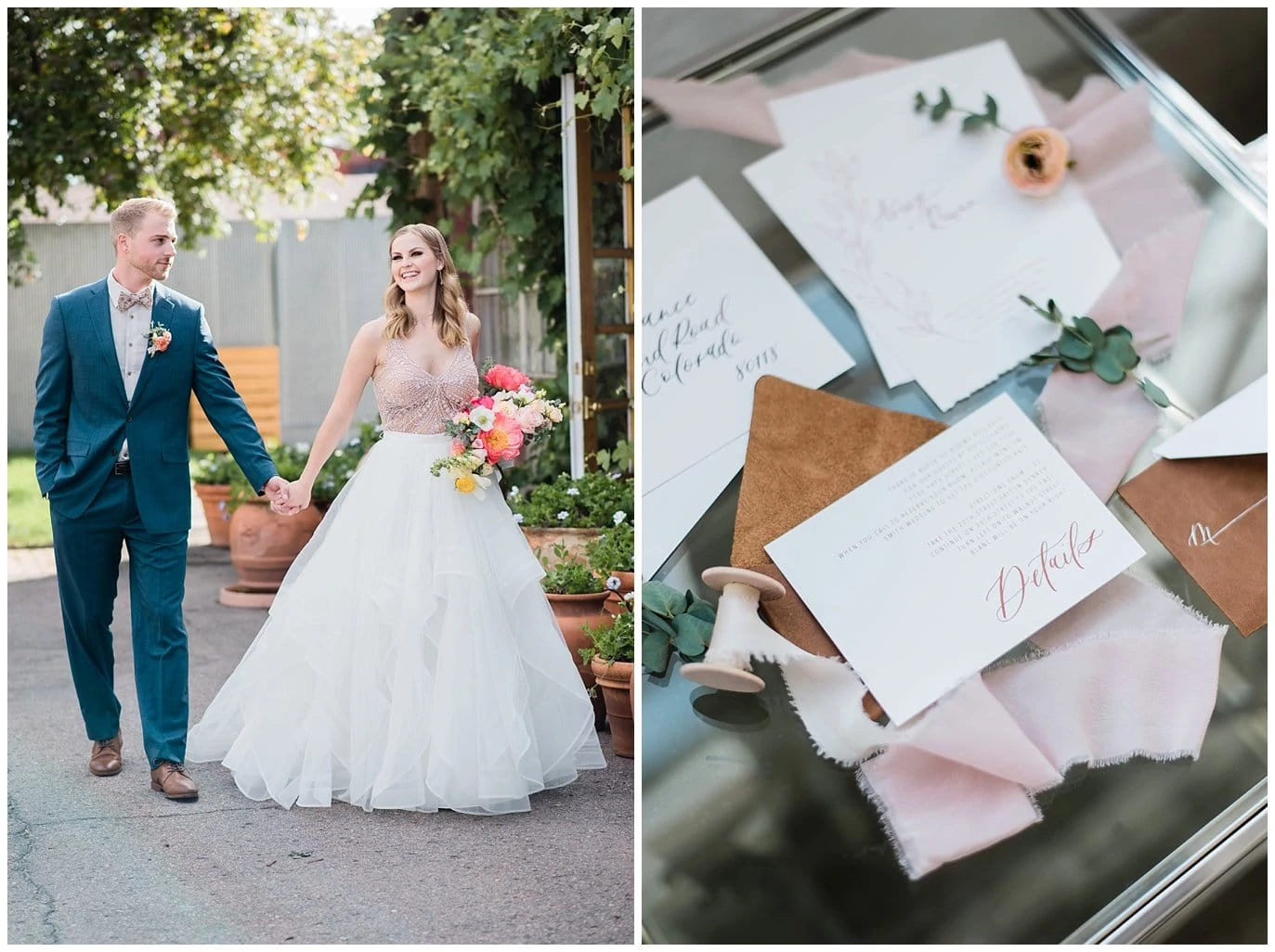 bride and groom walk on outdoor patio at summer blanc wedding by Boulder wedding photographer Jennie Crate photographer