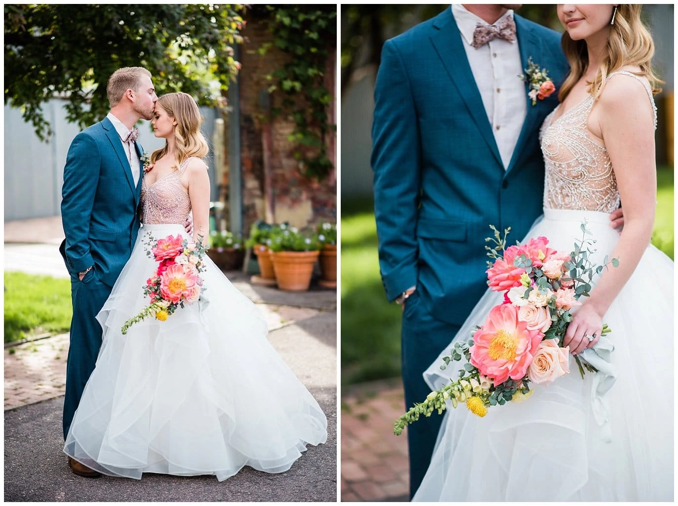 colorful summer wedding photo on outdoor patio at summer blanc wedding by blanc wedding photographer Jennie Crate photographer