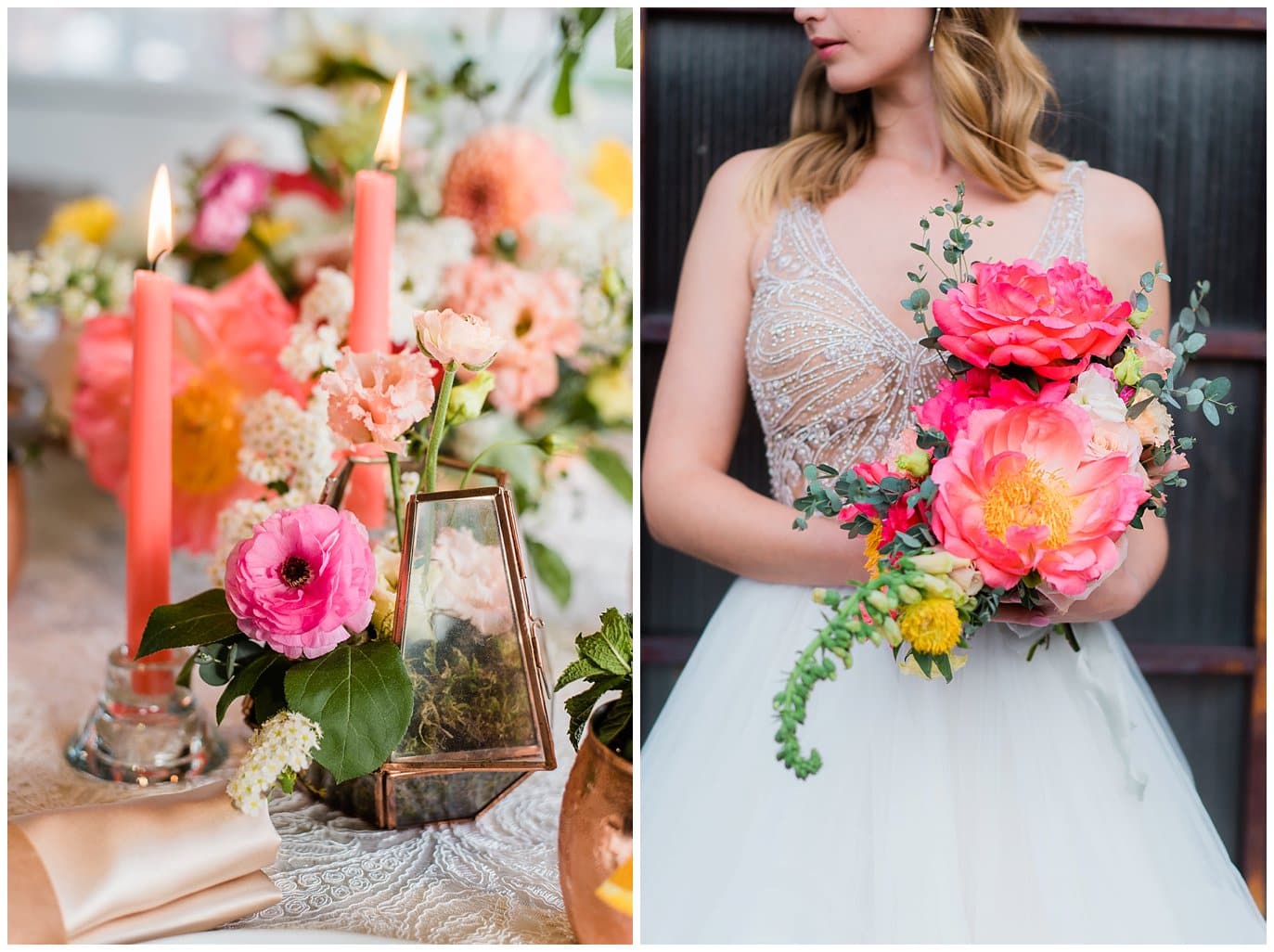 pink and coral large bloom wedding bouquet at summer blanc wedding by Boulder wedding photographer Jennie Crate photographer