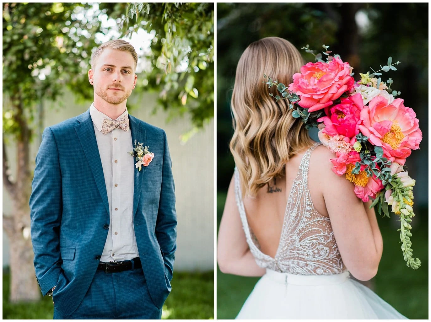 vibrant pink bridal bouquet and beaded wedding dress at summer blanc wedding by Denver wedding photographer Jennie Crate photographer