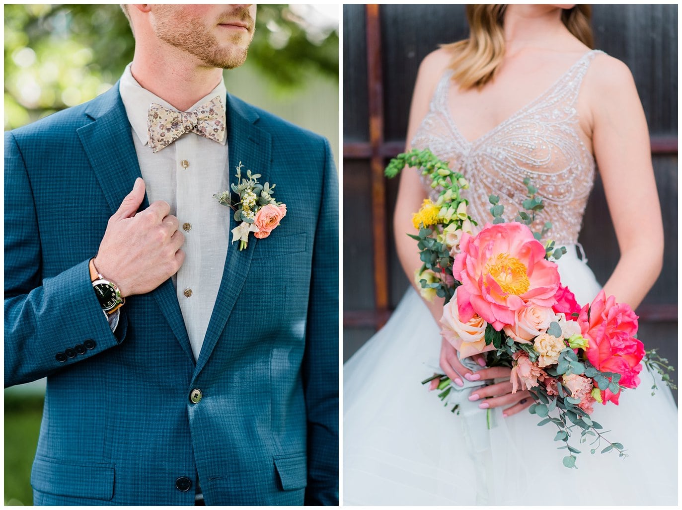 blue suit with floral bowtie and beaded two piece wedding dress at summer blanc wedding by blanc wedding photographer Jennie Crate photographer