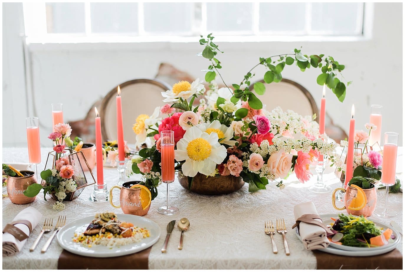 colorful and classy coral and copper wedding table inspiration at blanc wedding by Denver wedding photographer Jennie Crate photographer