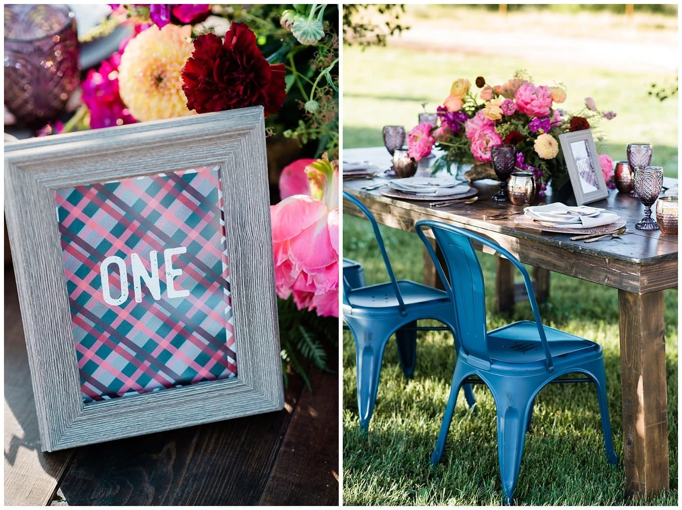 plaid table number and blue metal wedding chairs photo