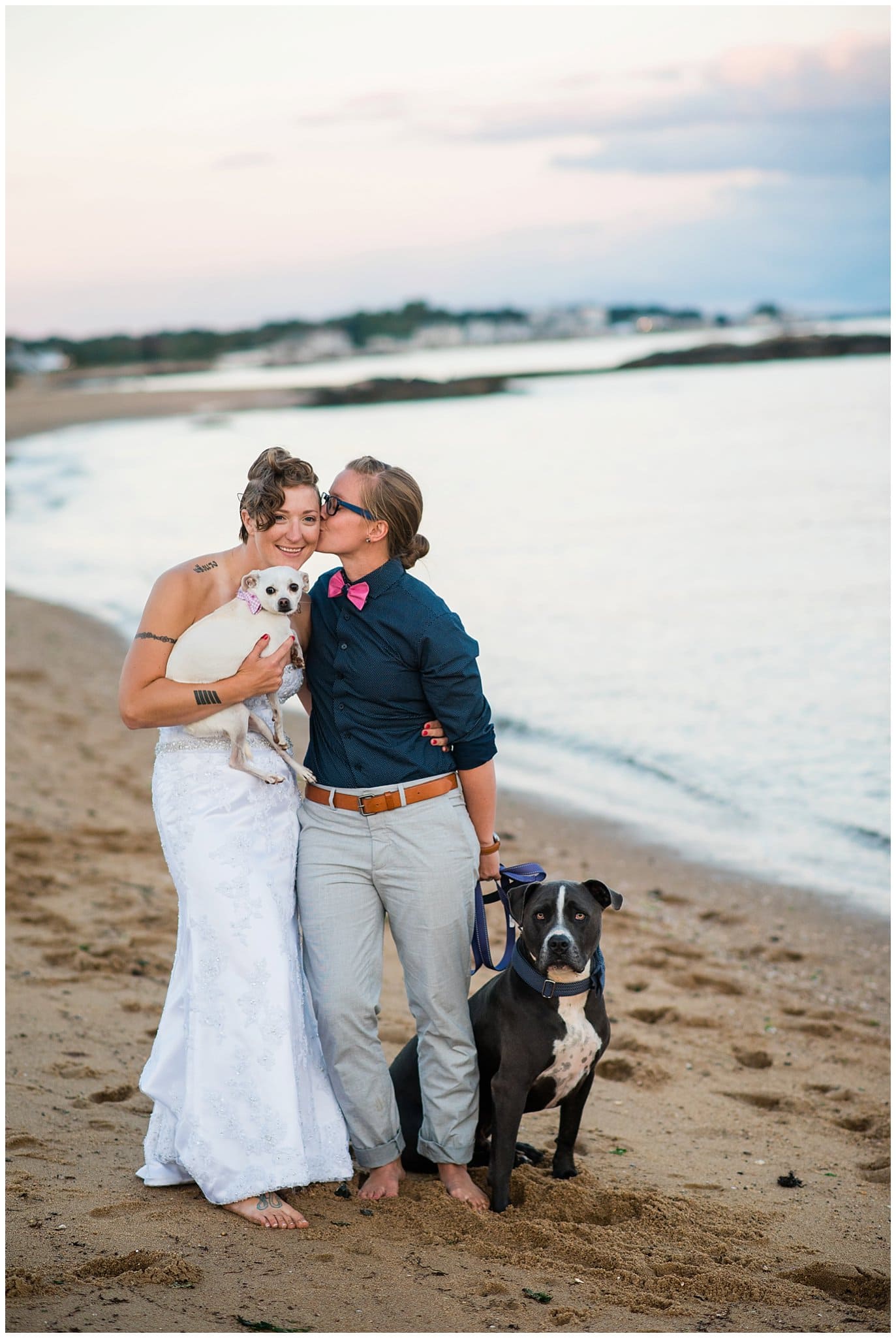 two brides on beach with dogs photo