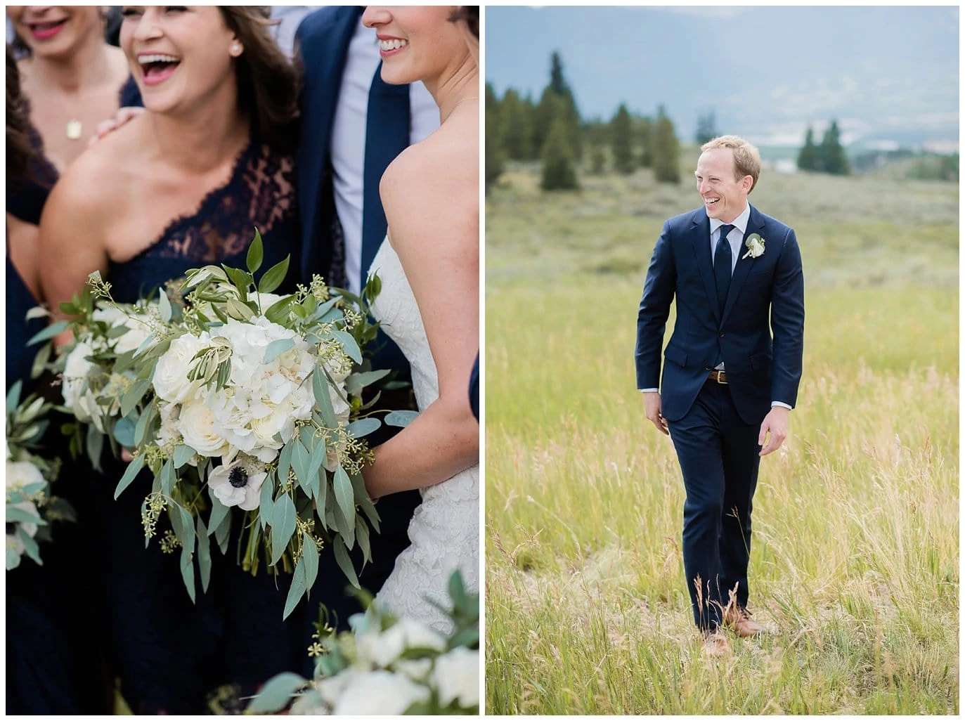 laughing groom in navy suit at Arapahoe Basin Black Mountain Lodge Wedding by Denver Wedding Photographer Jennie Crate