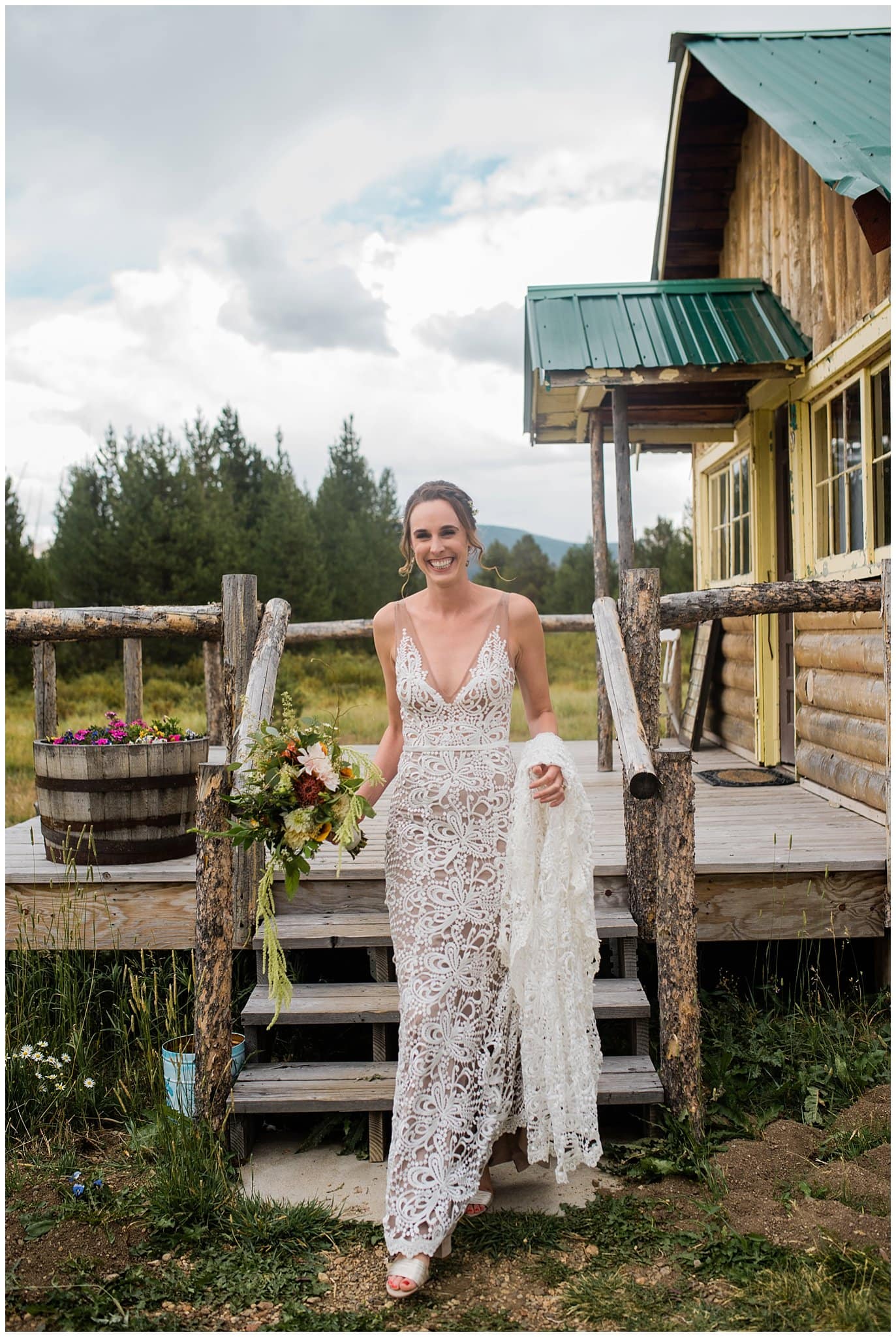 ride in nude and lace slinky wedding dress colorado mountain wedding photo