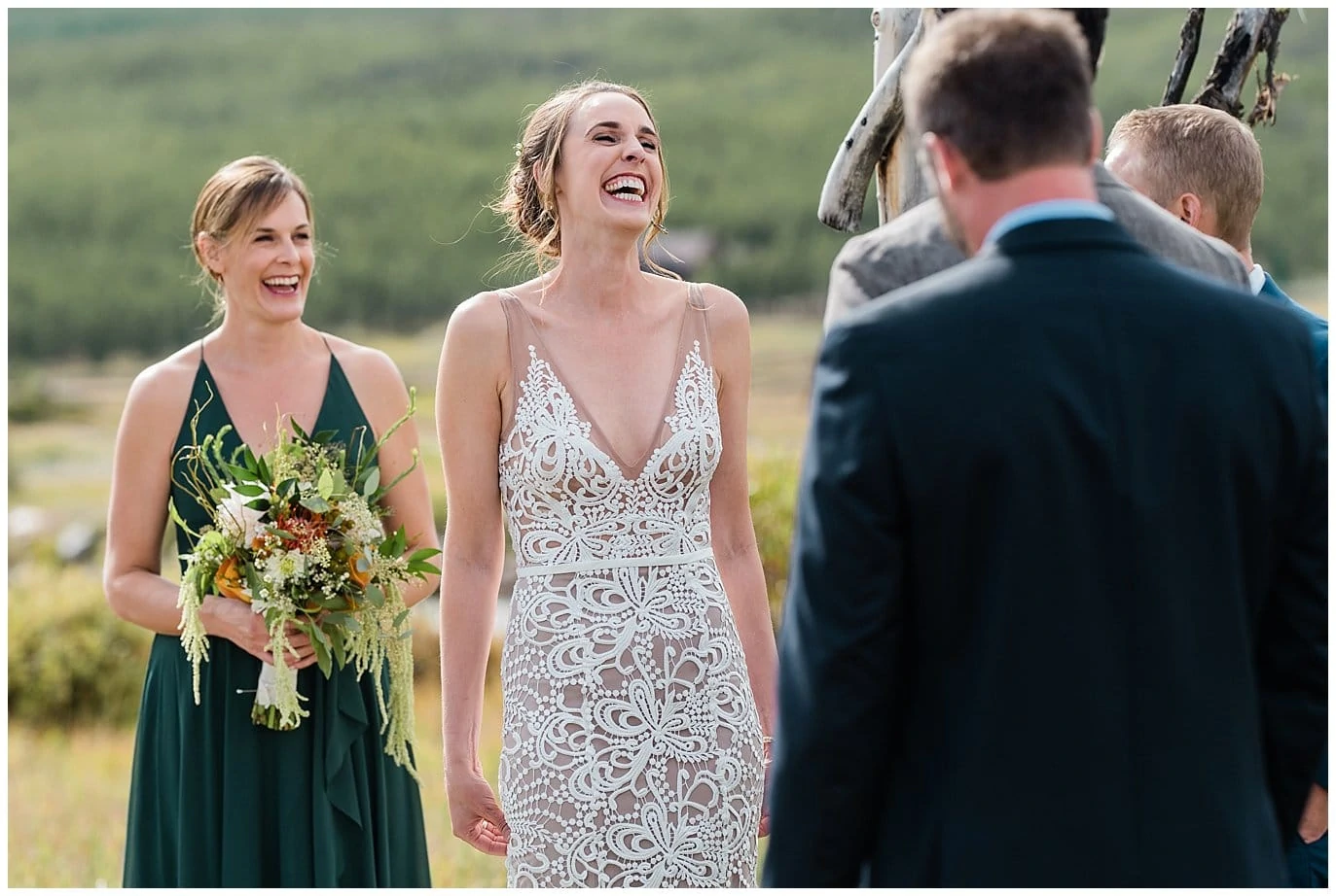 bride laughing at Colorado Ranch wedding photo