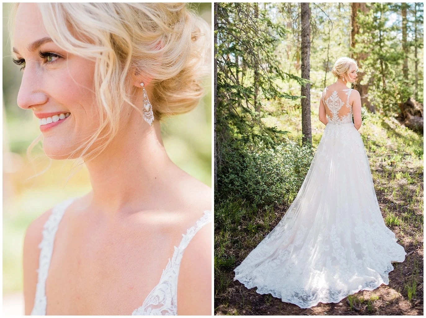 bride in lace dress with see through back and sparkly earrings at Piney River Ranch wedding by Beaver wedding photographer Jennie Crate, Photographer