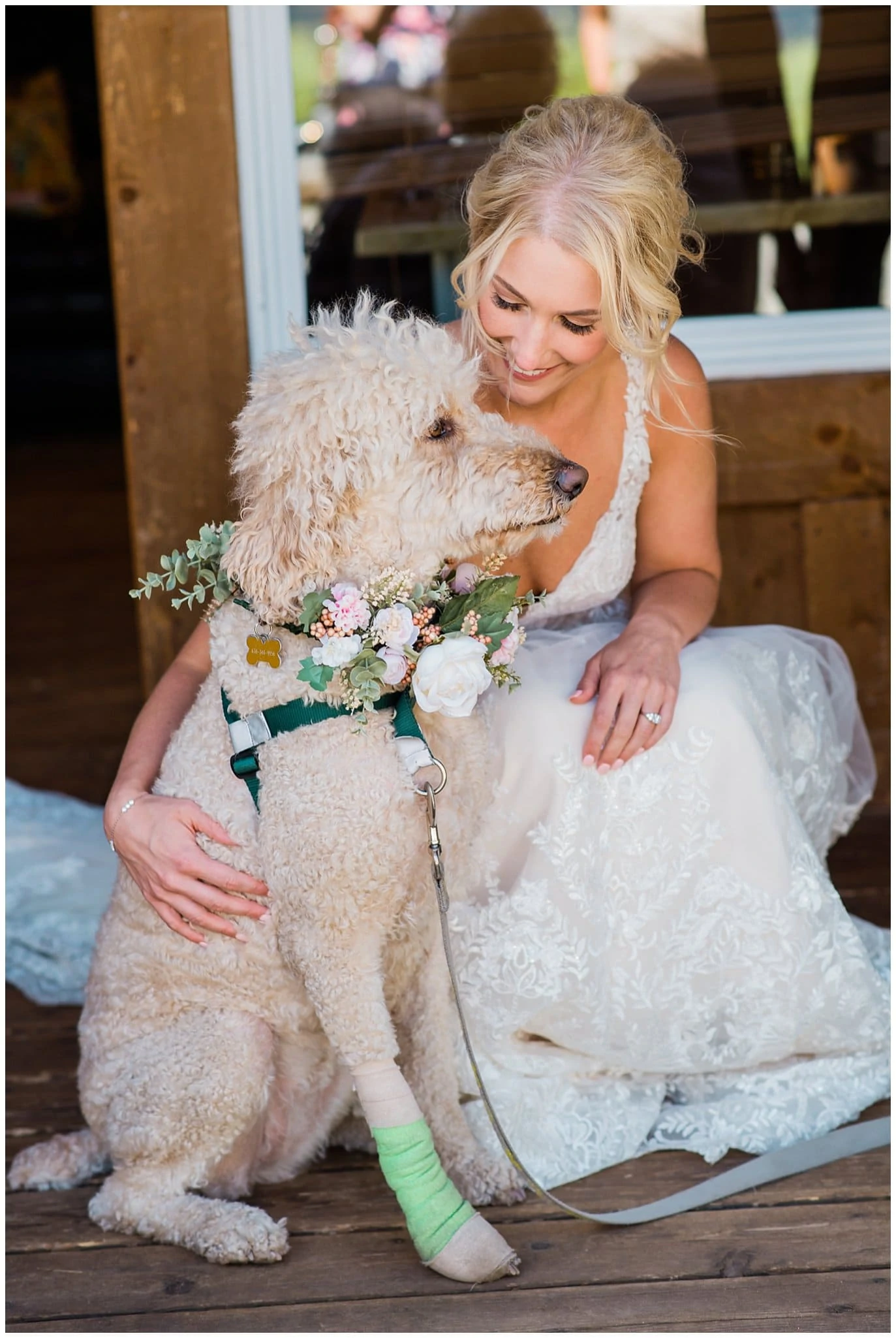 Bride and flower dog at Summer Piney River Ranch wedding by Vail wedding photographer Jennie Crate, Photographer