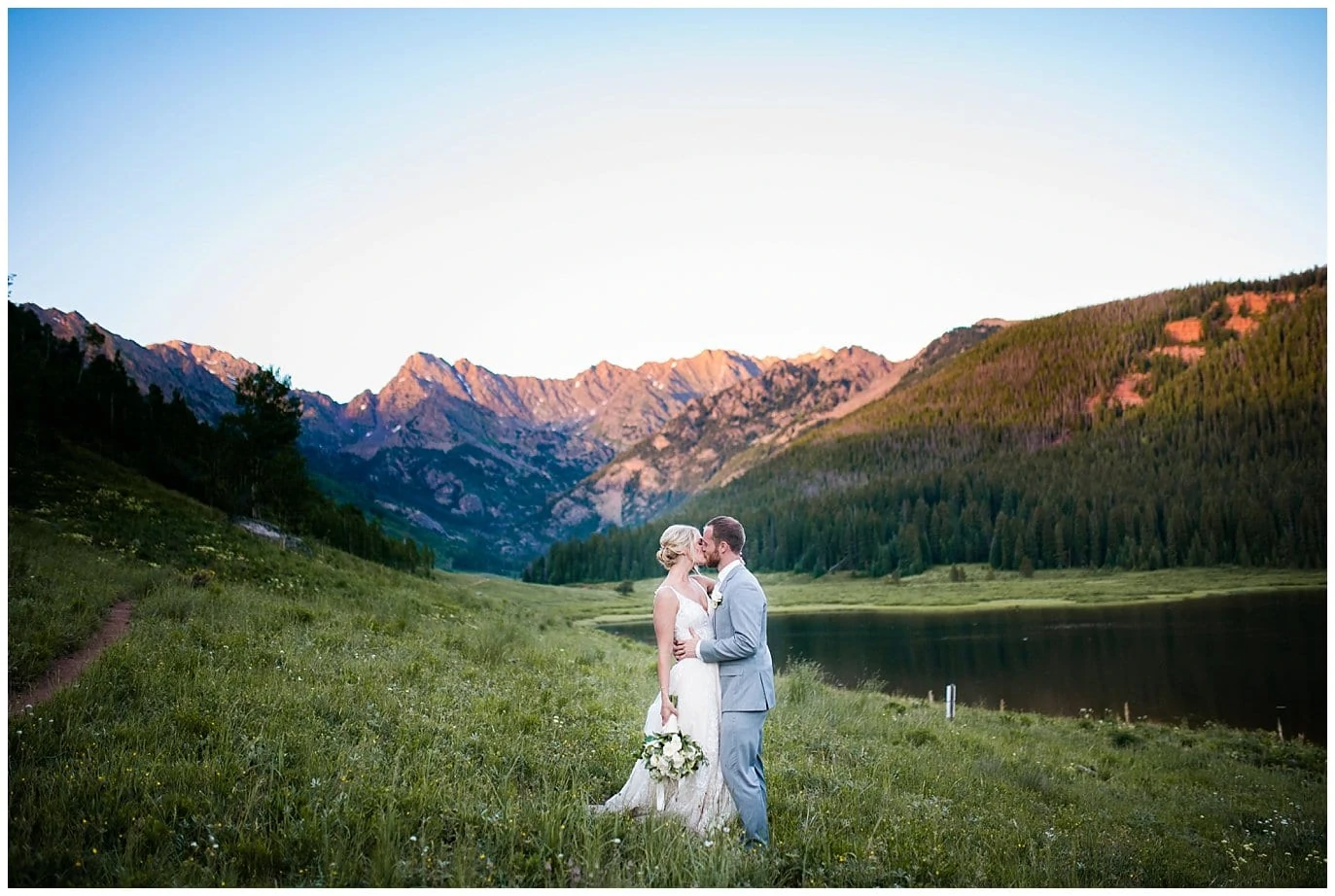 sunset photos by lake at Piney River Ranch wedding by Beaver Creek wedding photographer Jennie Crate, Photographer