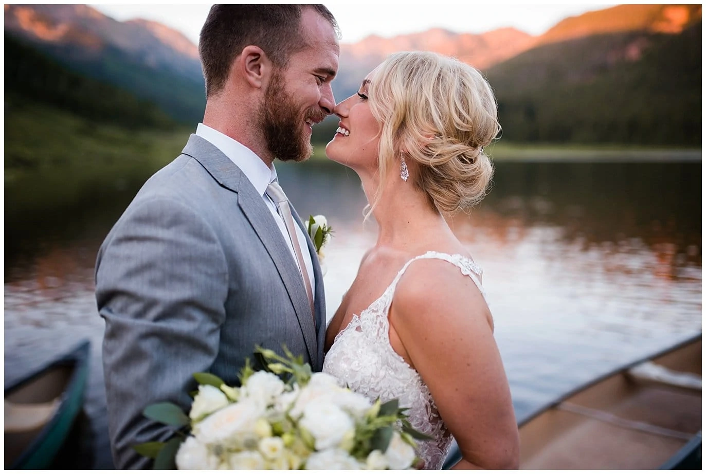 intimate sunset bride and groom portrait with alpenglow at Piney River Ranch wedding by Beaver Creek wedding photographer Jennie Crate, Photographer