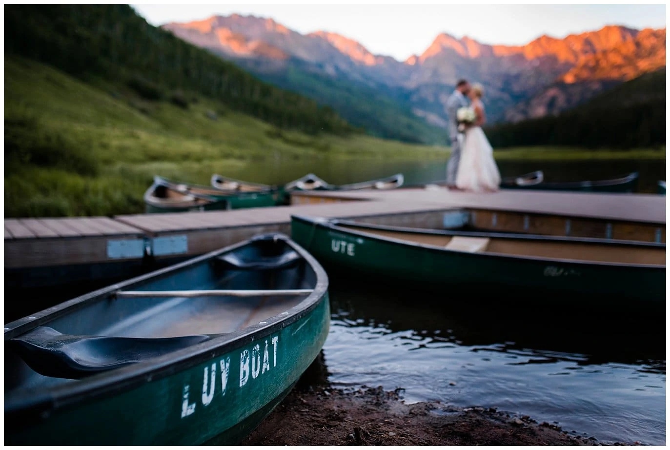 Luv Boat canoe sunset wedding photos at Piney River Ranch wedding by Vail wedding photographer Jennie Crate, Photographer