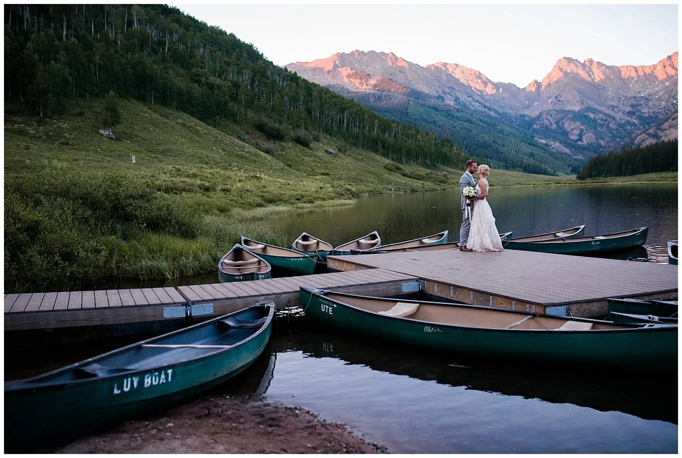 sunset photos on dock at Piney River Ranch wedding by Vail wedding photographer Jennie Crate, Photographer