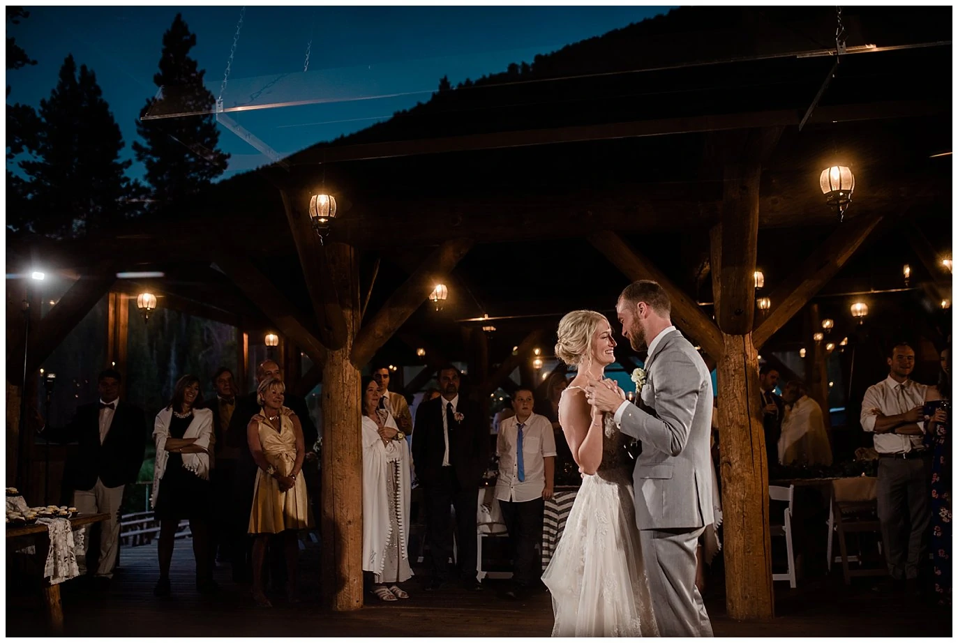 bride and groom first dance aat Piney River Ranch wedding by Aspen wedding photographer Jennie Crate, Photographer
