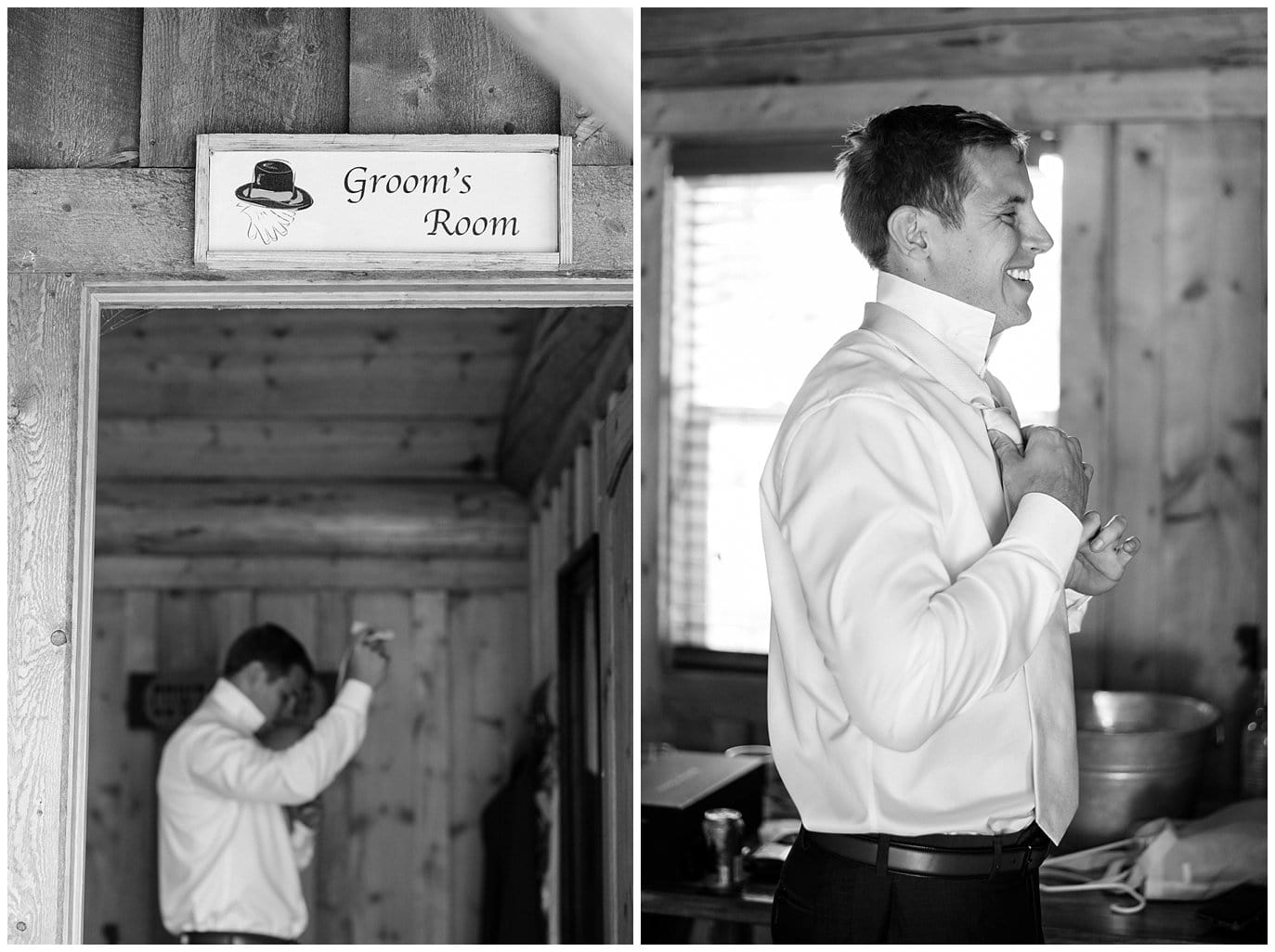 groom getting ready in grooms room at Piney River Ranch wedding by Vail wedding photographer Jennie Crate photographer