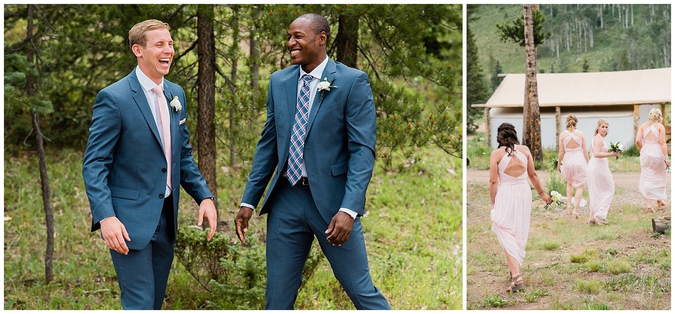 groomsmen in blue suits and bridesmaids in blush dresses photo at Piney River Ranch Summer Wedding by Piney River Ranch wedding photographer Jennie Crate photographer