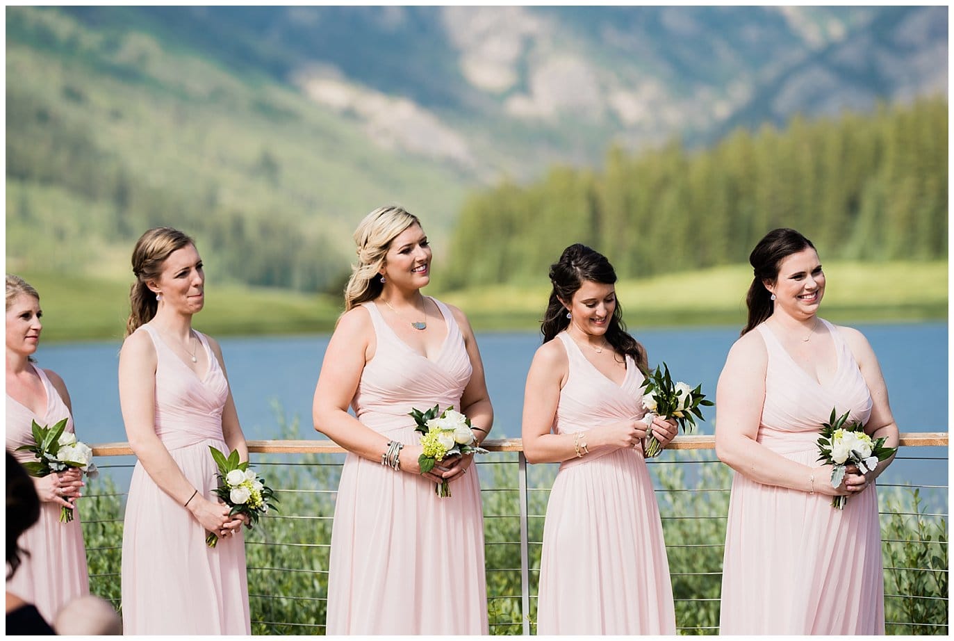 bridesmaids in blush pink dresses at Piney River Ranch Summer Wedding by Rocky Mountain wedding photographer Jennie Crate photographer