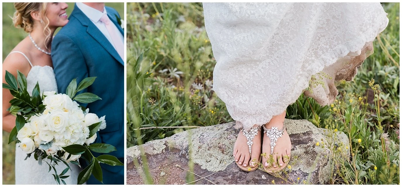 sparkly sandles and white flowers for mountain wedding at Piney River Ranch Summer Wedding by Avon wedding photographer Jennie Crate photographer
