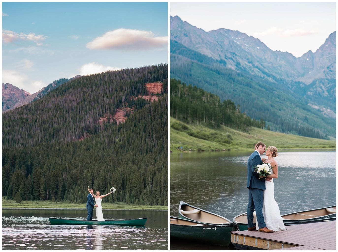 bride and groom standing in canoe at Piney River Ranch Summer Wedding by Piney River Ranch wedding photographer Jennie Crate photographer