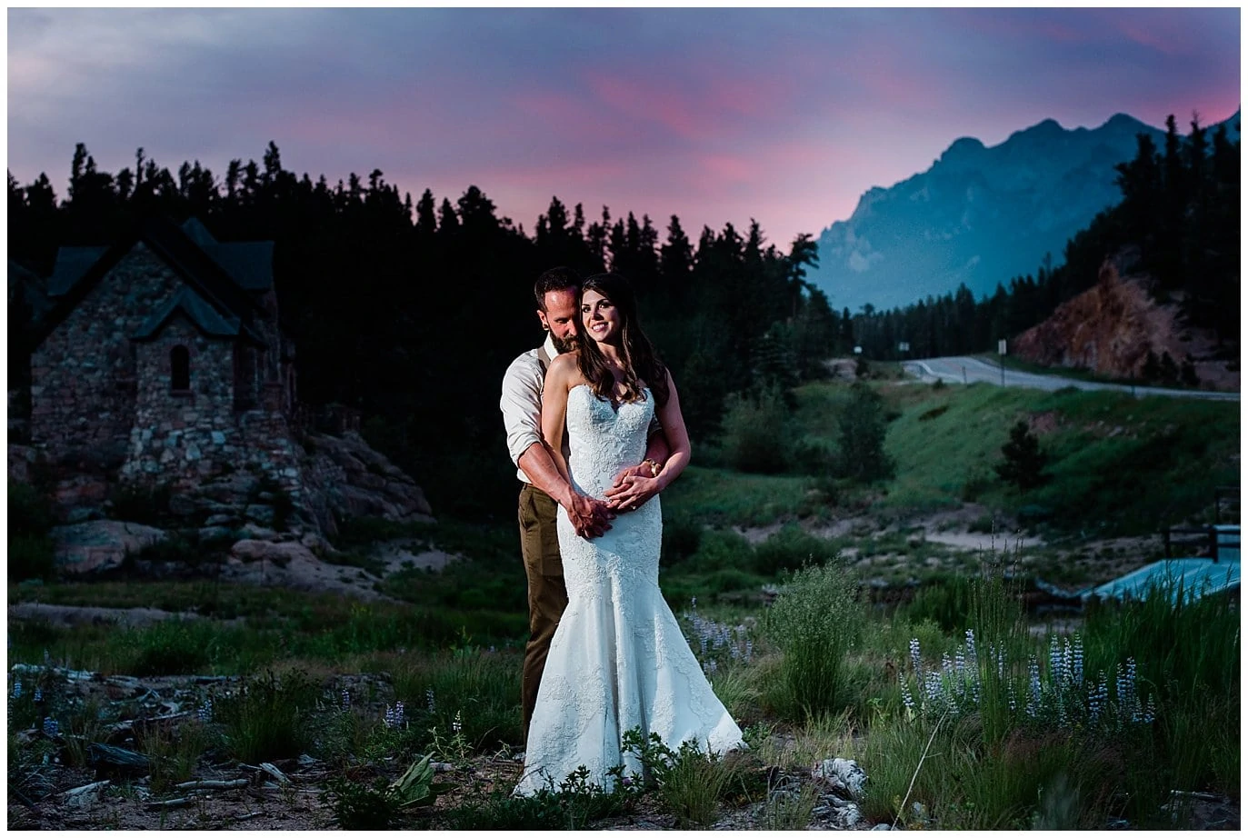 Sunset portraits in Estes Park Wild Basin Lodge Wedding photo
