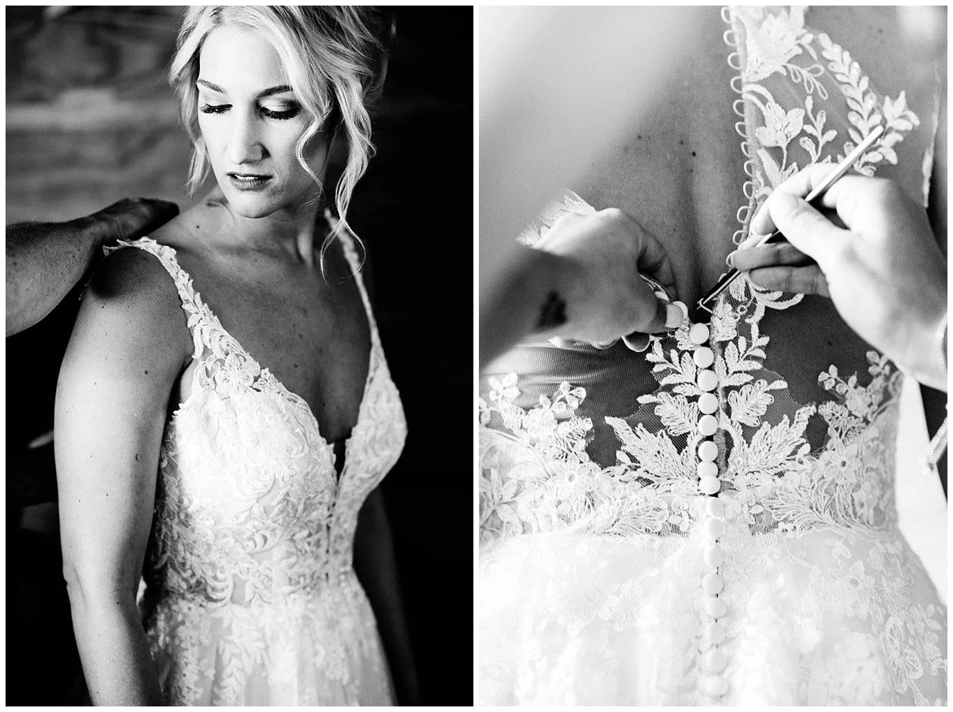 lace bridal dress buttoned with crochet hook at Elegant Piney River Ranch wedding by Piney River Ranch wedding photographer Jennie Crate, Photographer