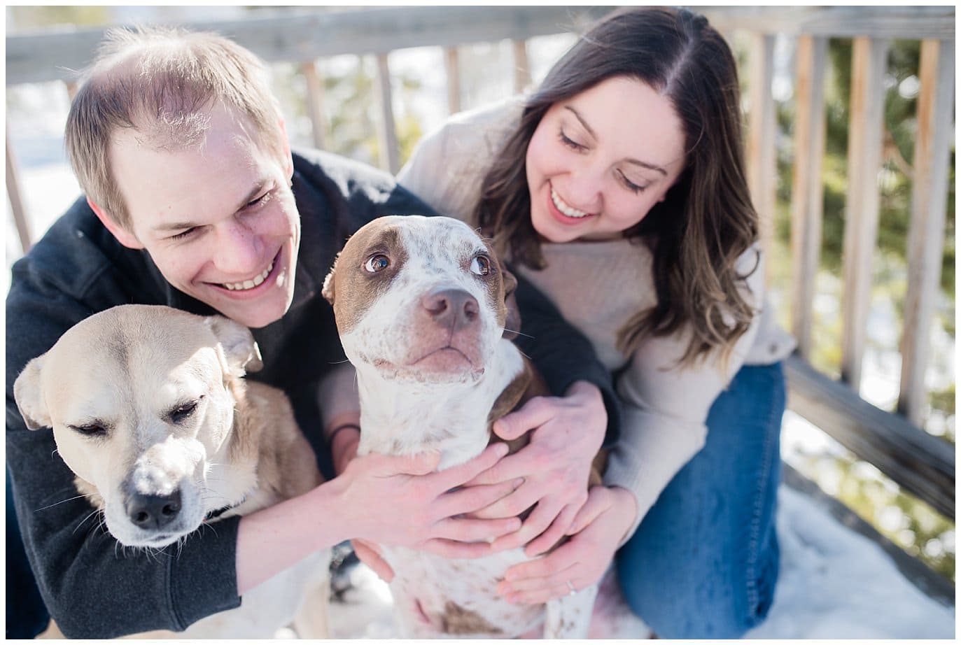 dog cuddles at winter engagement session photo
