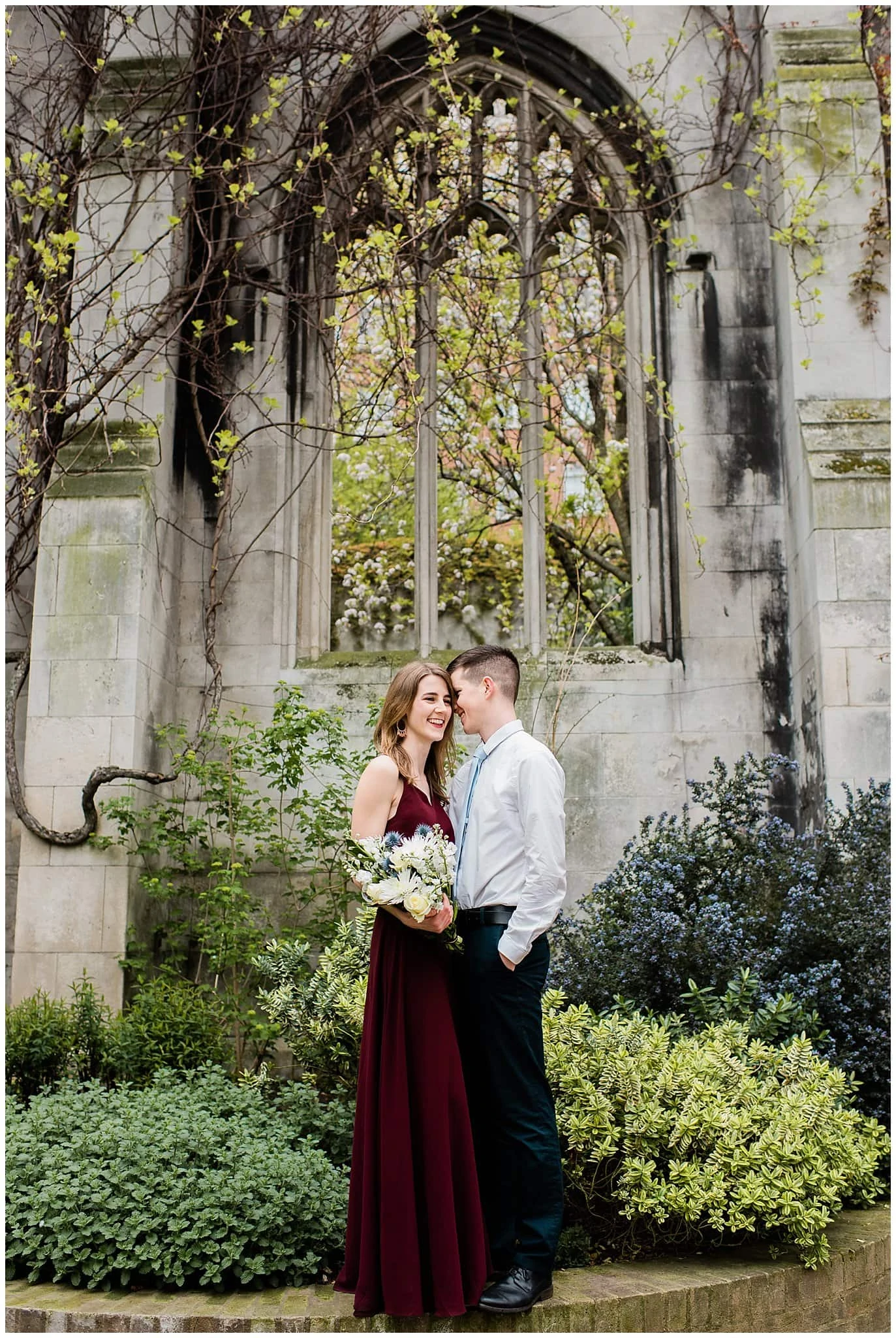 colorful London spring engagement at St. Dunstan in the East by London engagement photographer Jennie Crate