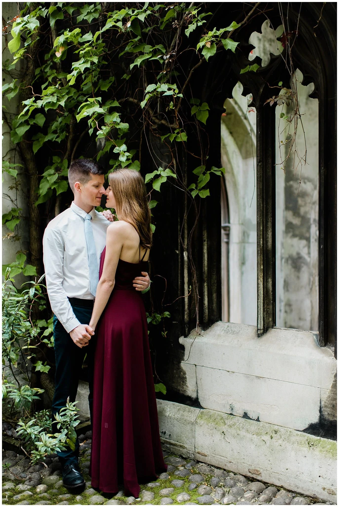 red dress in ivy at London engagement photo