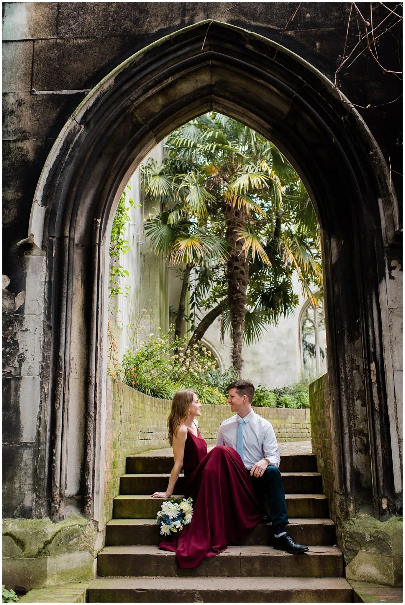 old church engagement photo